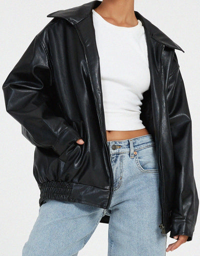 Women’s Oversized Leather Jacket | PU Faux Leather Biker Style