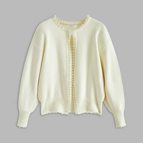 Women’s Pearl Trim Cardigan | Ripped Hem Knit Sweater