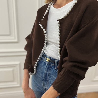 Women’s Pearl Trim Cardigan | Ripped Hem Knit Sweater