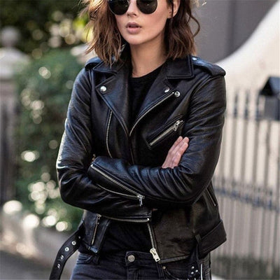 Women’s Leather Biker Jacket | Asymmetric Zip with Waist Belt