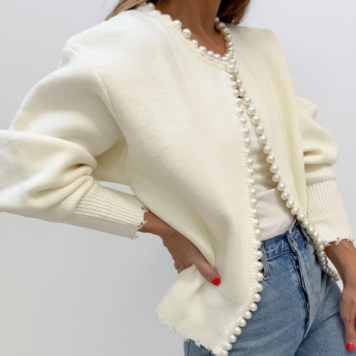 Women’s Pearl Trim Cardigan | Ripped Hem Knit Sweater