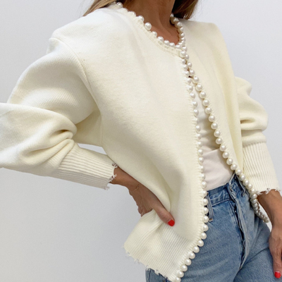 Women’s Pearl Trim Cardigan | Ripped Hem Knit Sweater