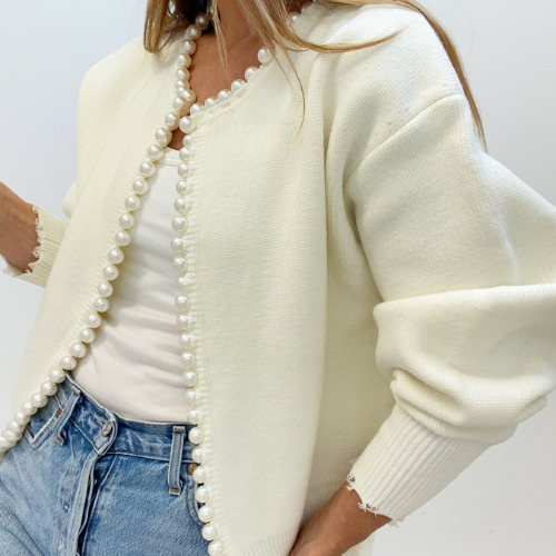 Women’s Pearl Trim Cardigan | Ripped Hem Knit Sweater