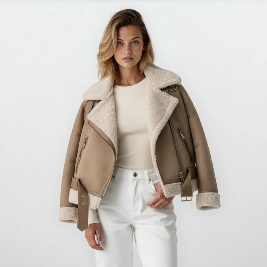 Women’s Fleece Lined Suede Jacket | Warm Biker Style Coat