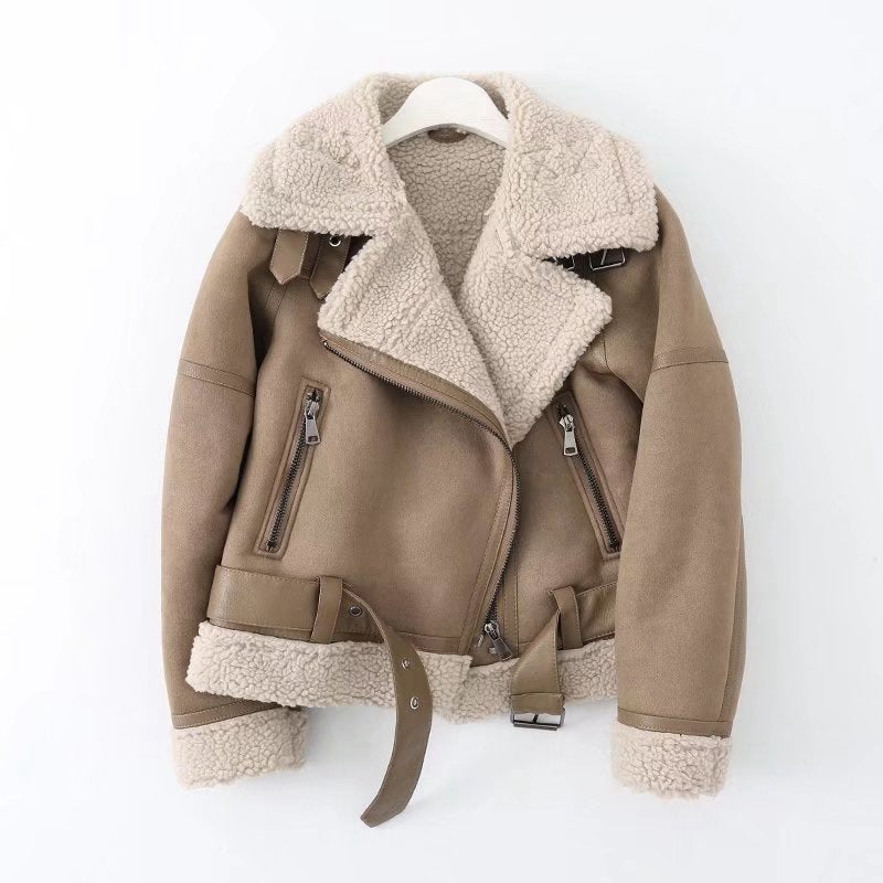Women’s Fleece Lined Suede Jacket | Warm Biker Style Coat