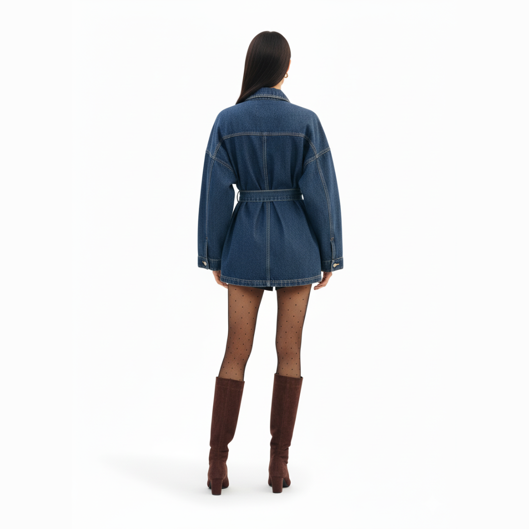 Women’s Belted Denim Jacket Dress | Long Sleeve Cargo Style