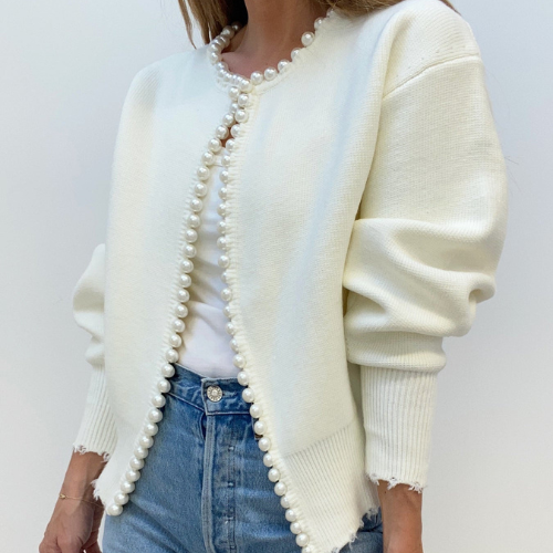 Women’s Pearl Trim Cardigan | Ripped Hem Knit Sweater