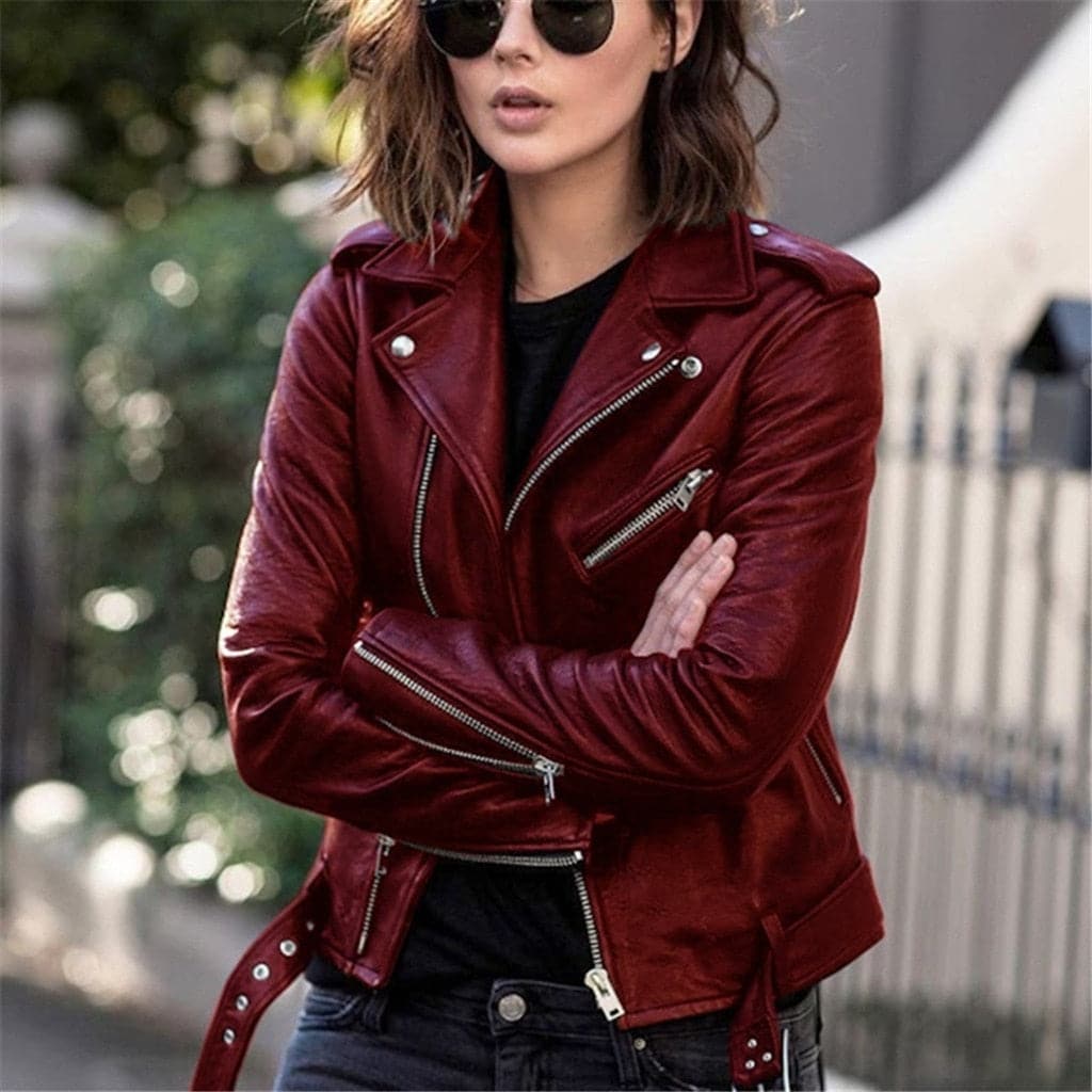 Women’s Leather Biker Jacket | Asymmetric Zip with Waist Belt
