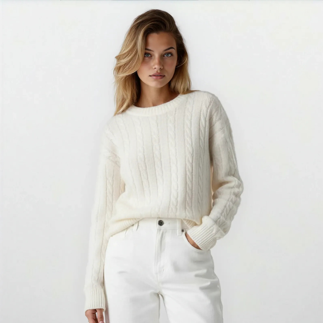 Women’s Cable Knit Sweater | Classic Cotton Crewneck Jumper