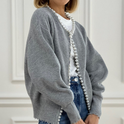 Women’s Pearl Trim Cardigan | Ripped Hem Knit Sweater