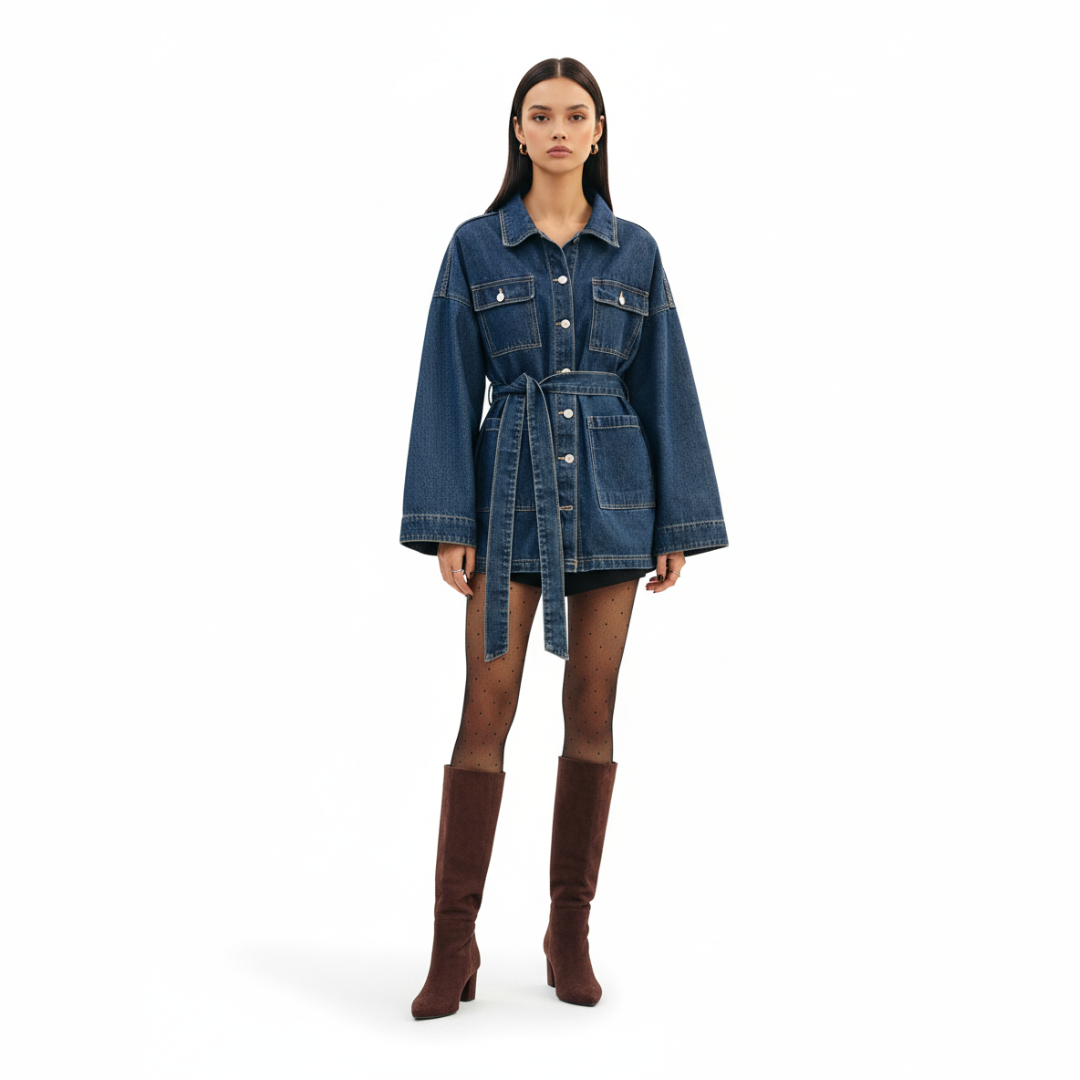 Women’s Belted Denim Jacket Dress | Long Sleeve Cargo Style