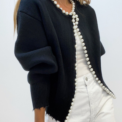 Women’s Pearl Trim Cardigan | Ripped Hem Knit Sweater