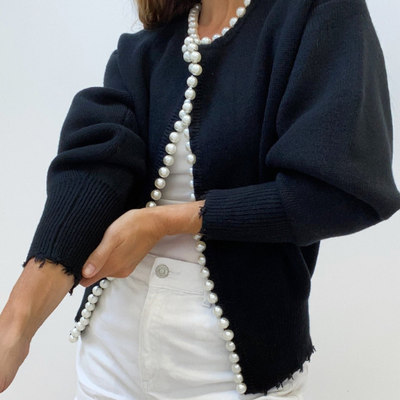 Women’s Pearl Trim Cardigan | Ripped Hem Knit Sweater