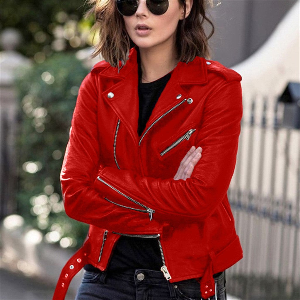 Women’s Leather Biker Jacket | Asymmetric Zip with Waist Belt
