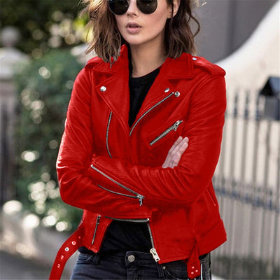 Women’s Leather Biker Jacket | Asymmetric Zip with Waist Belt