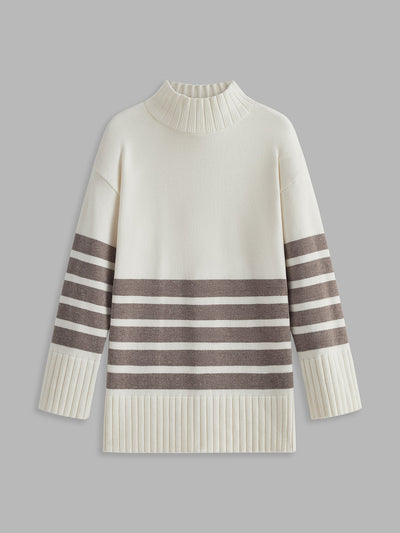 Women’s Striped Mock Neck Sweater | Soft Knit Long Sleeve Pullover