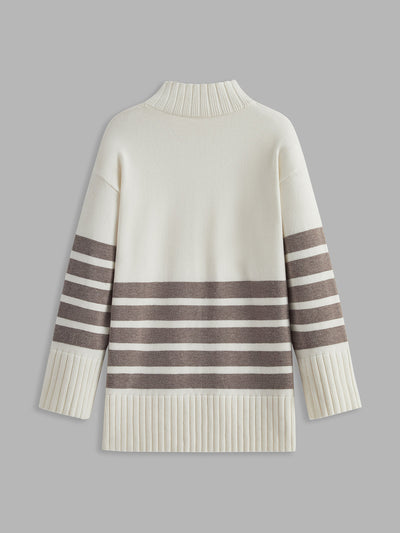 Women’s Striped Mock Neck Sweater | Soft Knit Long Sleeve Pullover