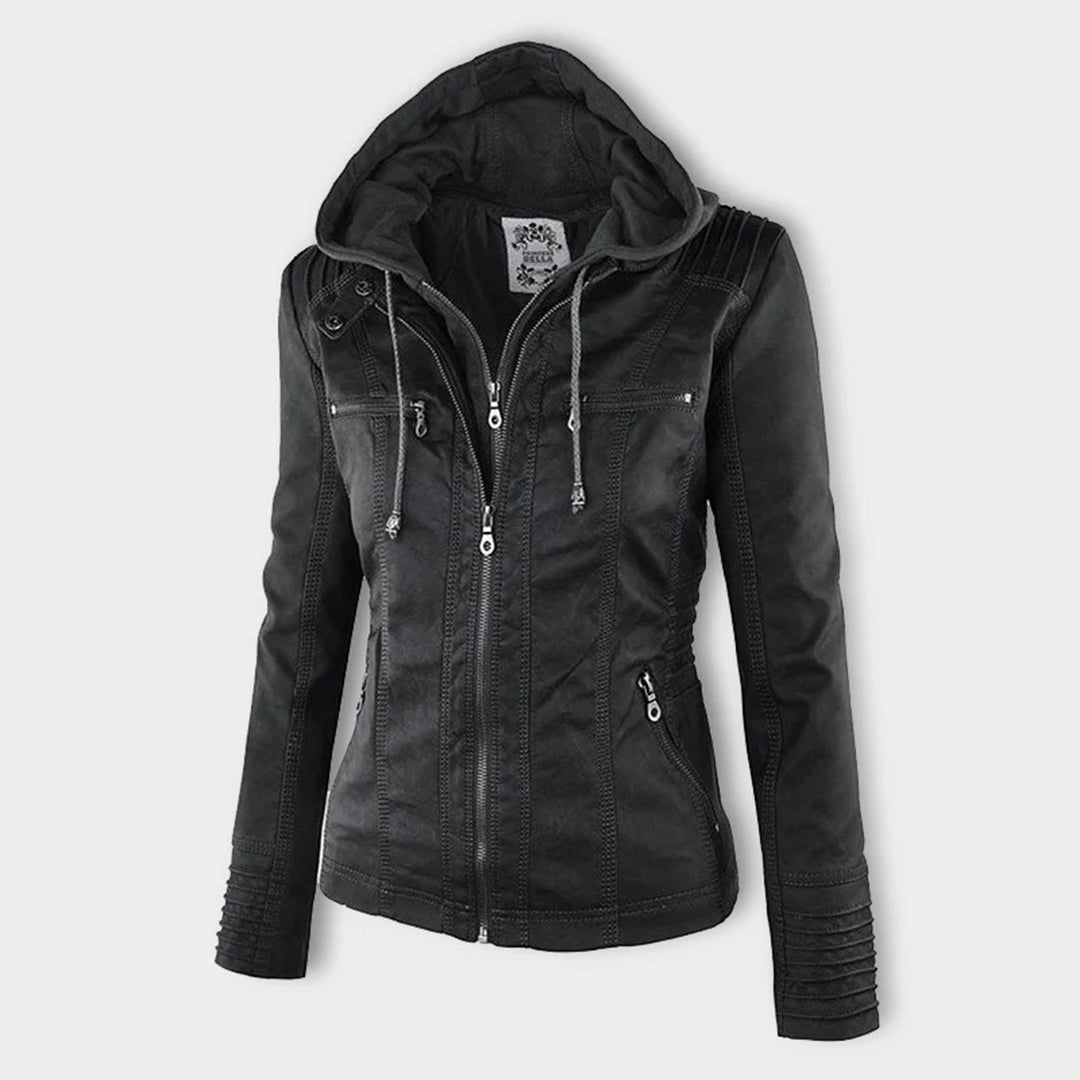 Women’s Waterproof Leather Jacket with Hood | Weather Resistant