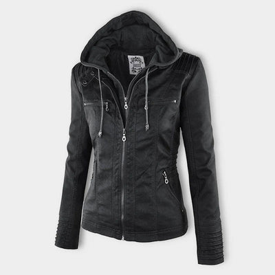 Women’s Waterproof Leather Jacket with Hood | Weather Resistant