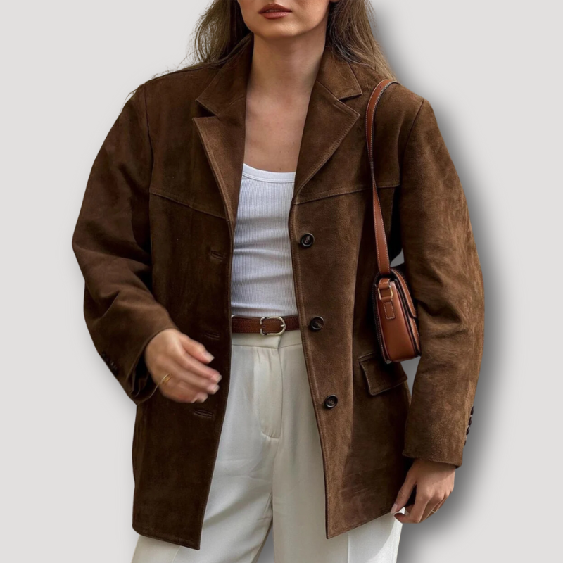 Women’s Suede Jacket | Long Oversized Coat with Turn Down Collar