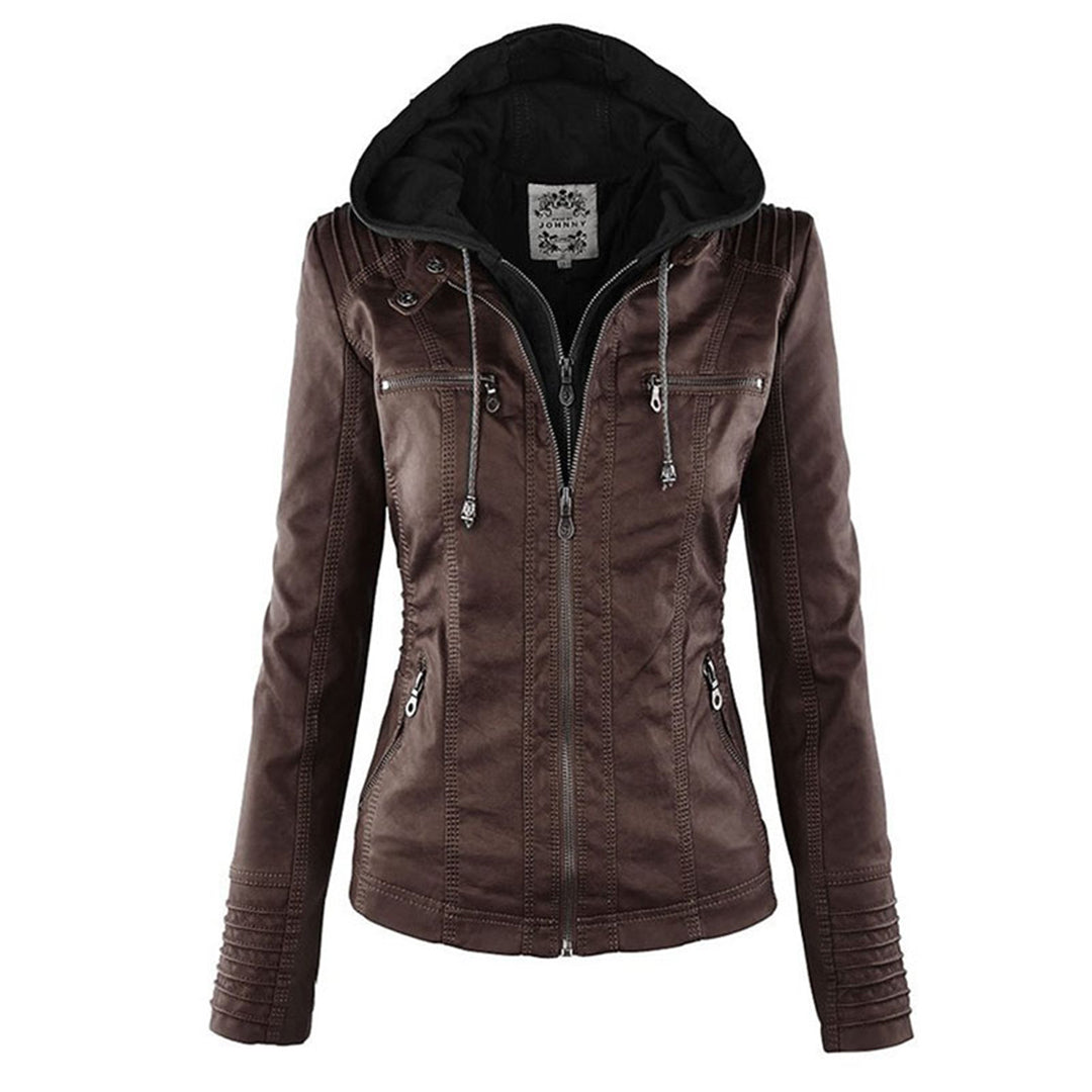 Women’s Waterproof Leather Jacket with Hood | Weather Resistant