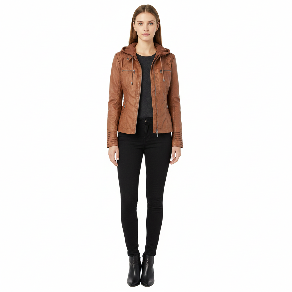 Women’s Waterproof Leather Jacket with Hood | Weather Resistant