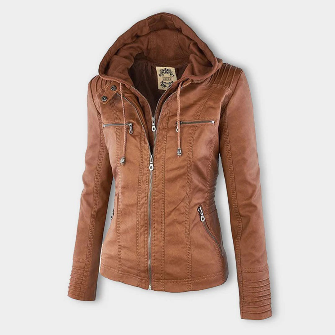Women’s Waterproof Leather Jacket with Hood | Weather Resistant