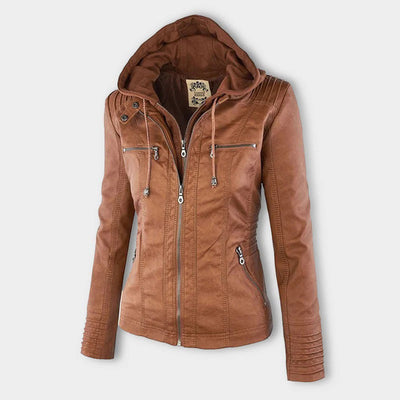 Women’s Waterproof Leather Jacket with Hood | Weather Resistant