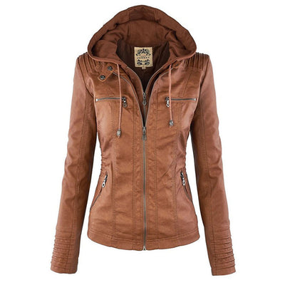 Women’s Waterproof Leather Jacket with Hood | Weather Resistant