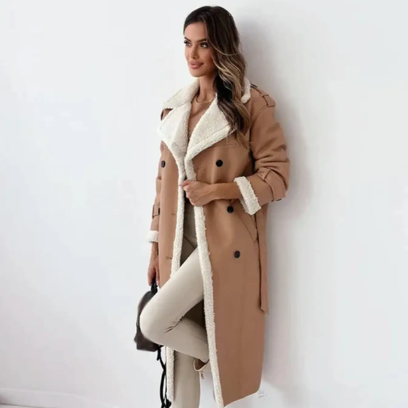 Women’s Long Fleece Lined Coat | Classic Jacket with Teddy Collar
