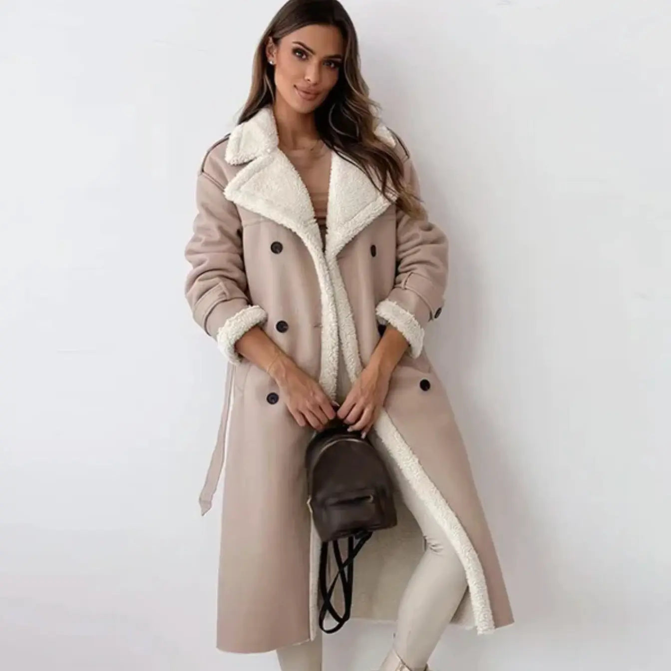 Women’s Long Fleece Lined Coat | Classic Jacket with Teddy Collar