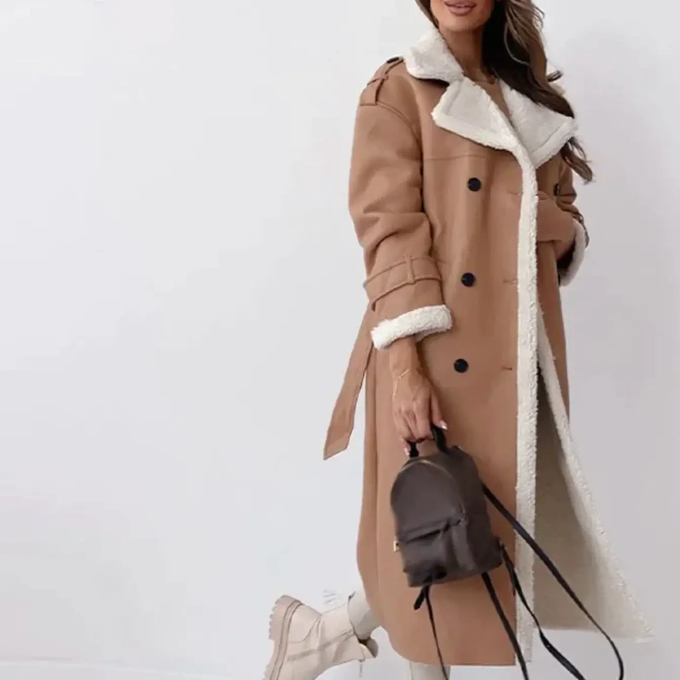 Women’s Long Fleece Lined Coat | Classic Jacket with Teddy Collar