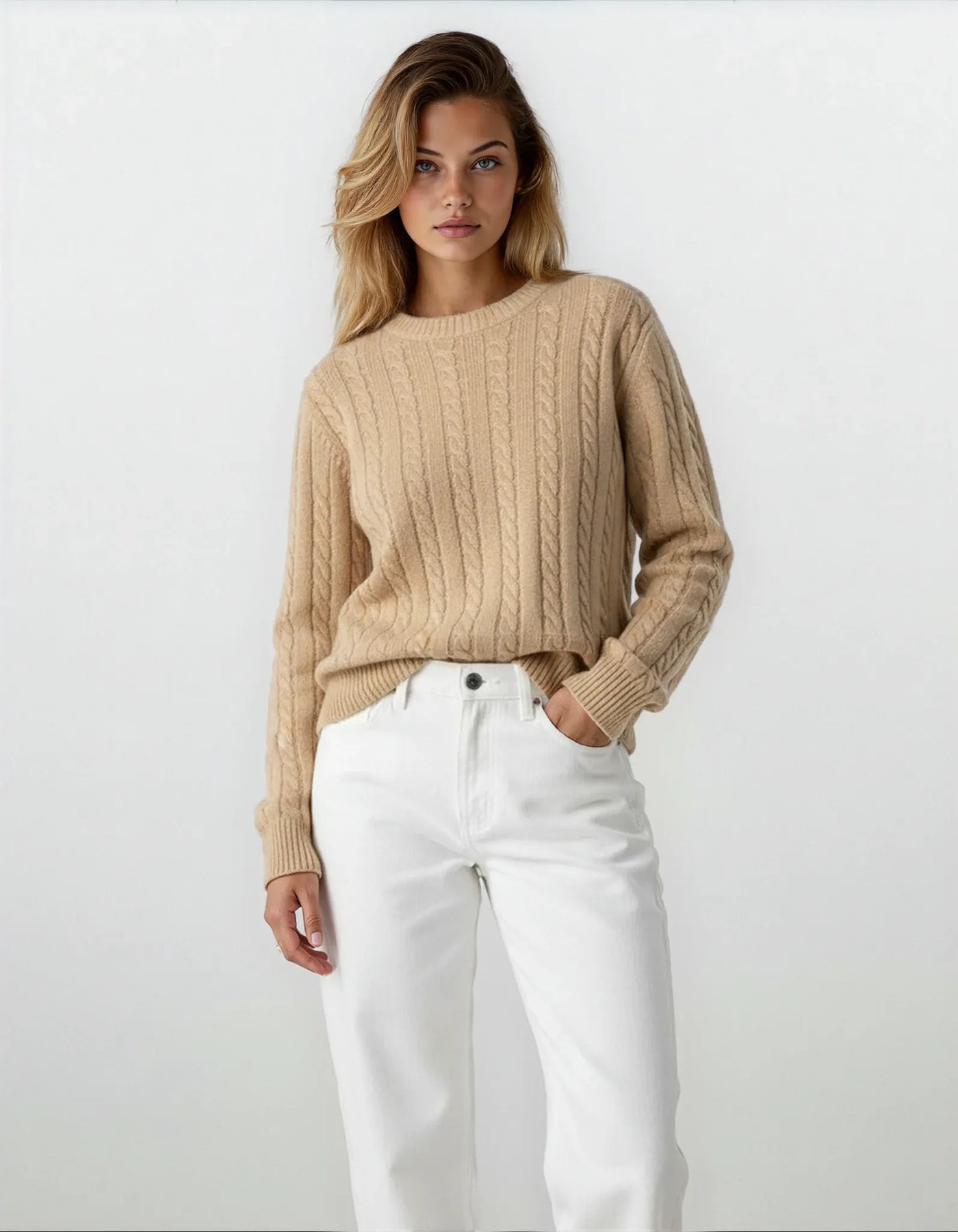 Women’s Cable Knit Sweater | Classic Cotton Crewneck Jumper