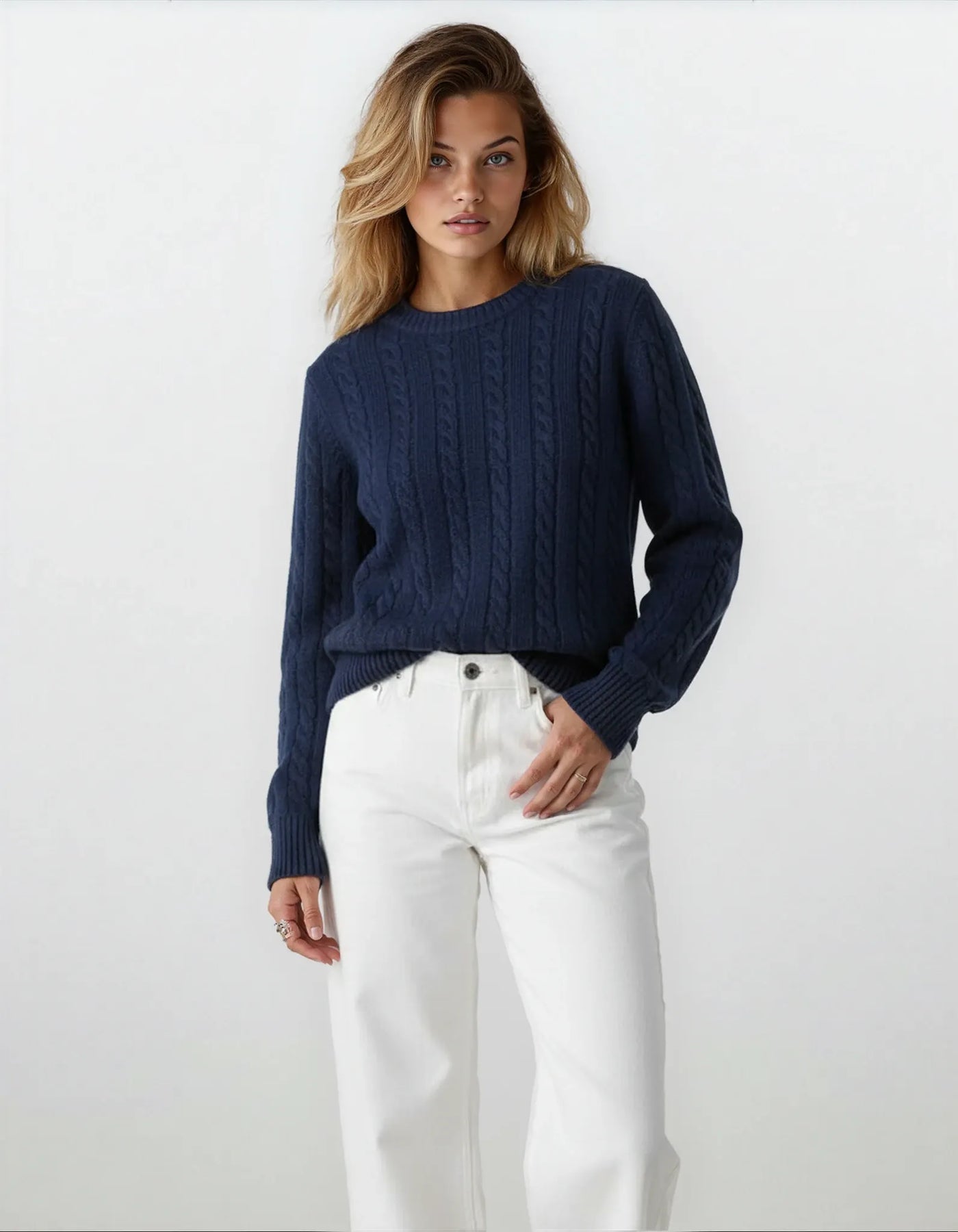 Women’s Cable Knit Sweater | Classic Cotton Crewneck Jumper