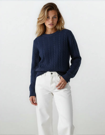 Women’s Cable Knit Sweater | Classic Cotton Crewneck Jumper