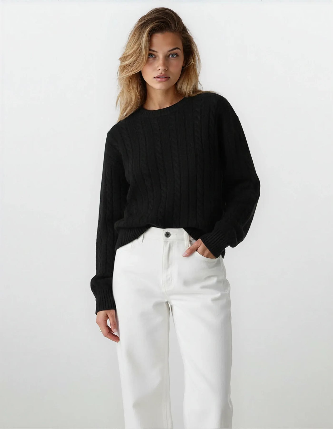 Women’s Cable Knit Sweater | Classic Cotton Crewneck Jumper