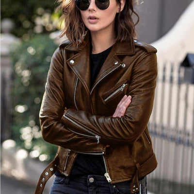 Women’s Leather Biker Jacket | Asymmetric Zip with Waist Belt